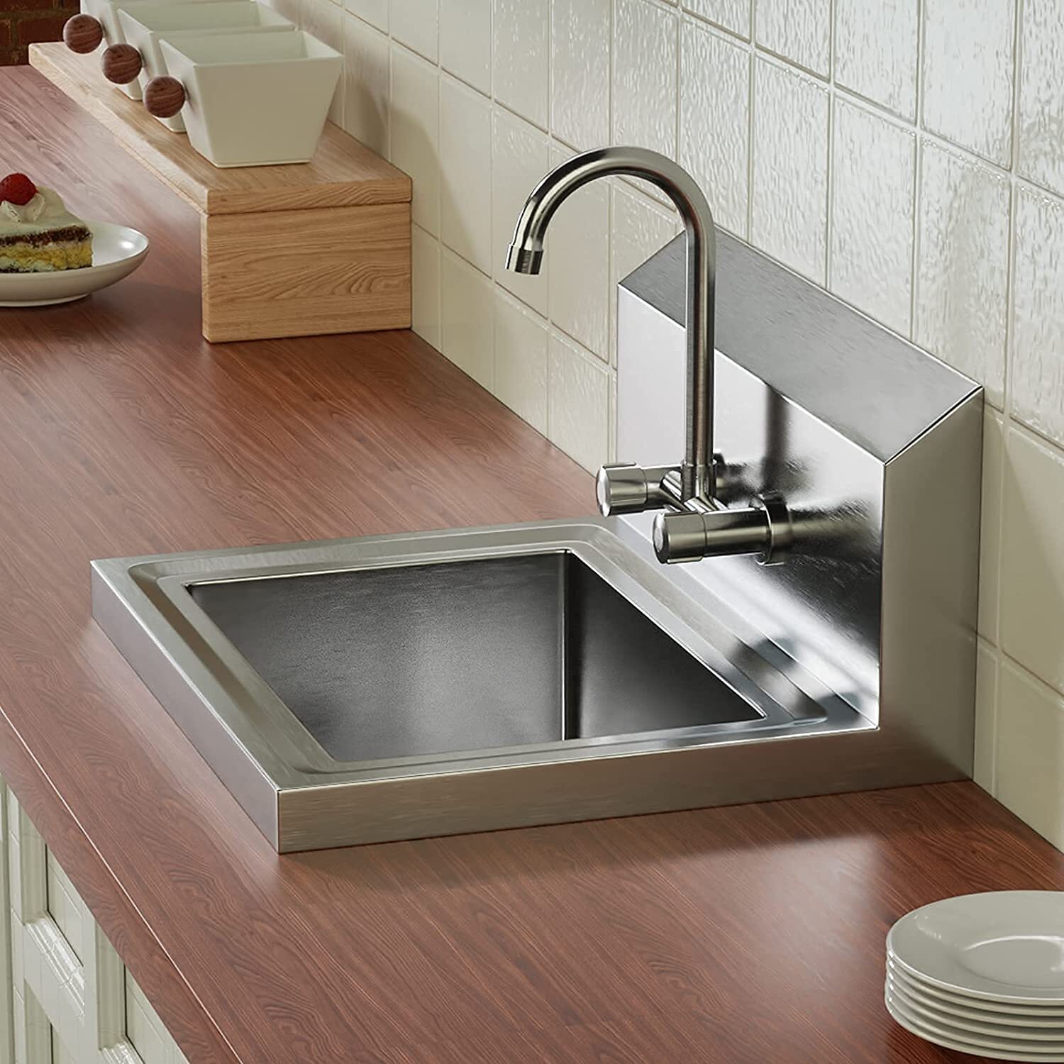 Commercial Sink Hand Washing Basin Stainless Steel Hand Sink w/ Hot&Cold Faucet