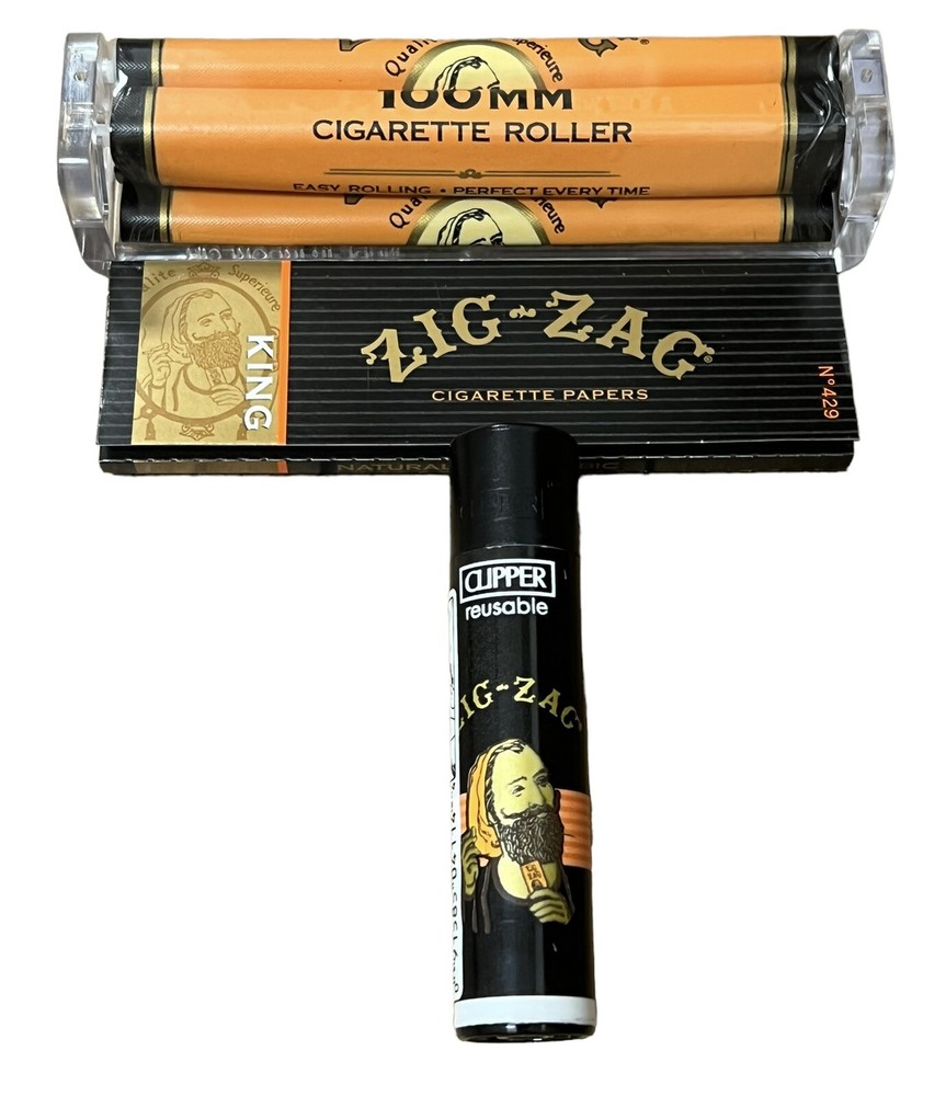 ZIG ZAG KING SIZE CIGARETTE PAPERS + CLIPPER LIGHTER + 100mm ROLLING MACHINE