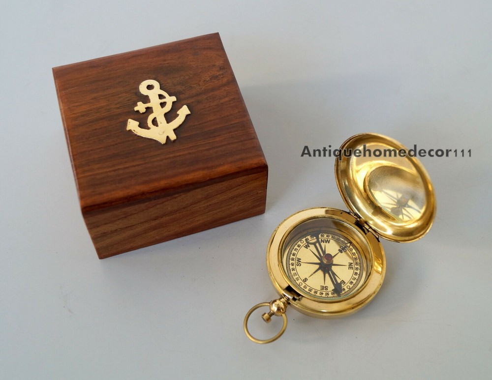Handmade Brass Push Open Compass with Rose Wood Case, Pocket Compass