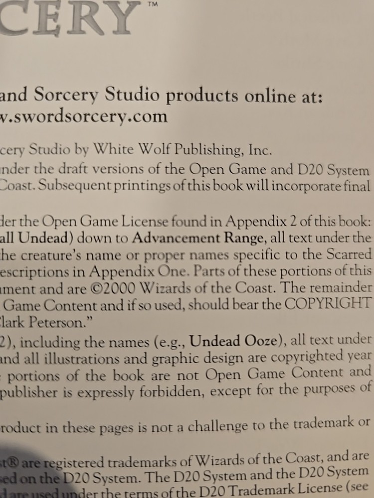2000 D20 Sword Sorcery Creature Collection Core Rule Book WW8300