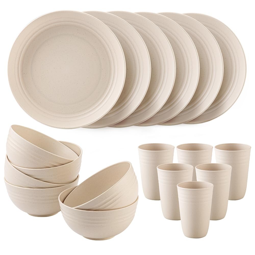 18PCS Wheat Straw Dinnerware Sets, Kitchen Set Large, Beige