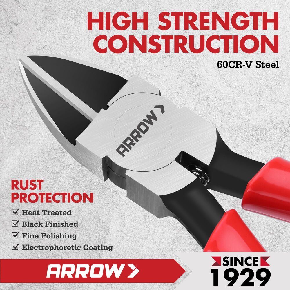 ARROW 6" Precision Wire Cutters Diagonal Flush Cut Plier Spring Load Side Cutter