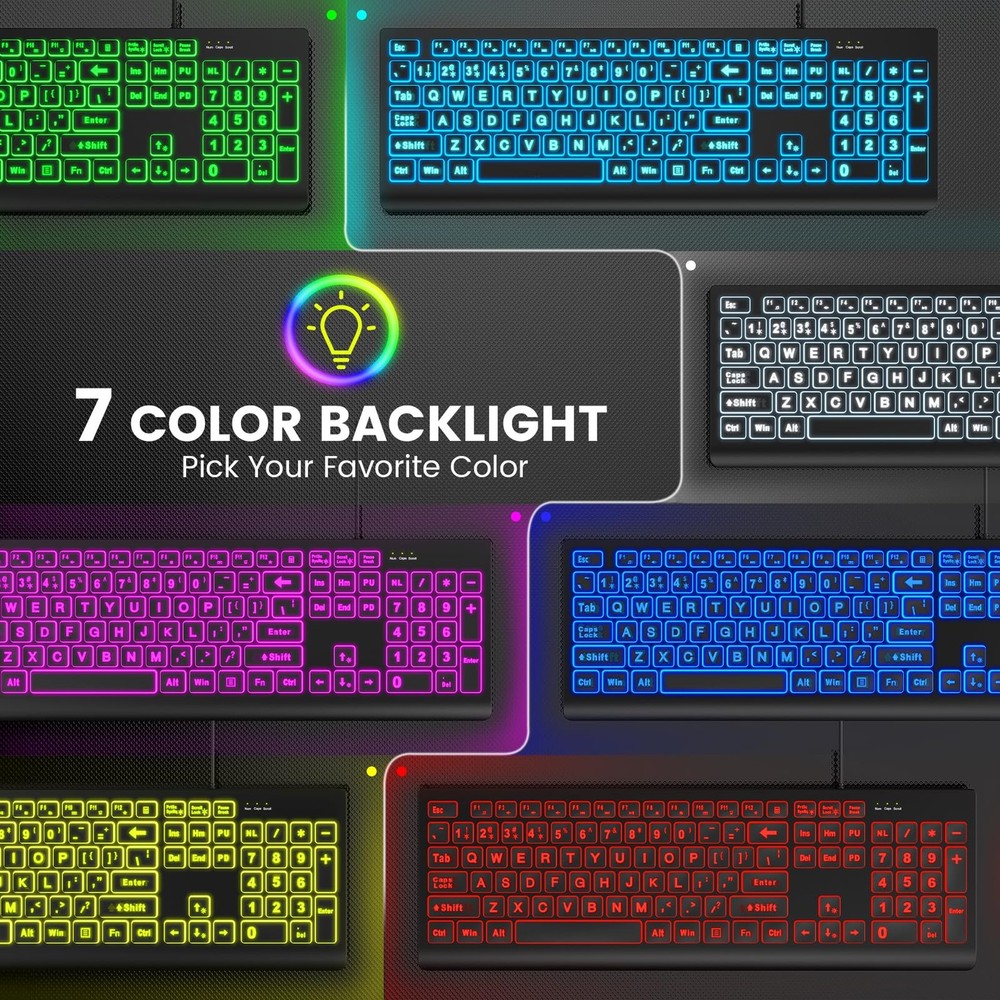 SABLUTE Large Print Backlit Keyboard Wired USB Lighted Computer Keyboards with