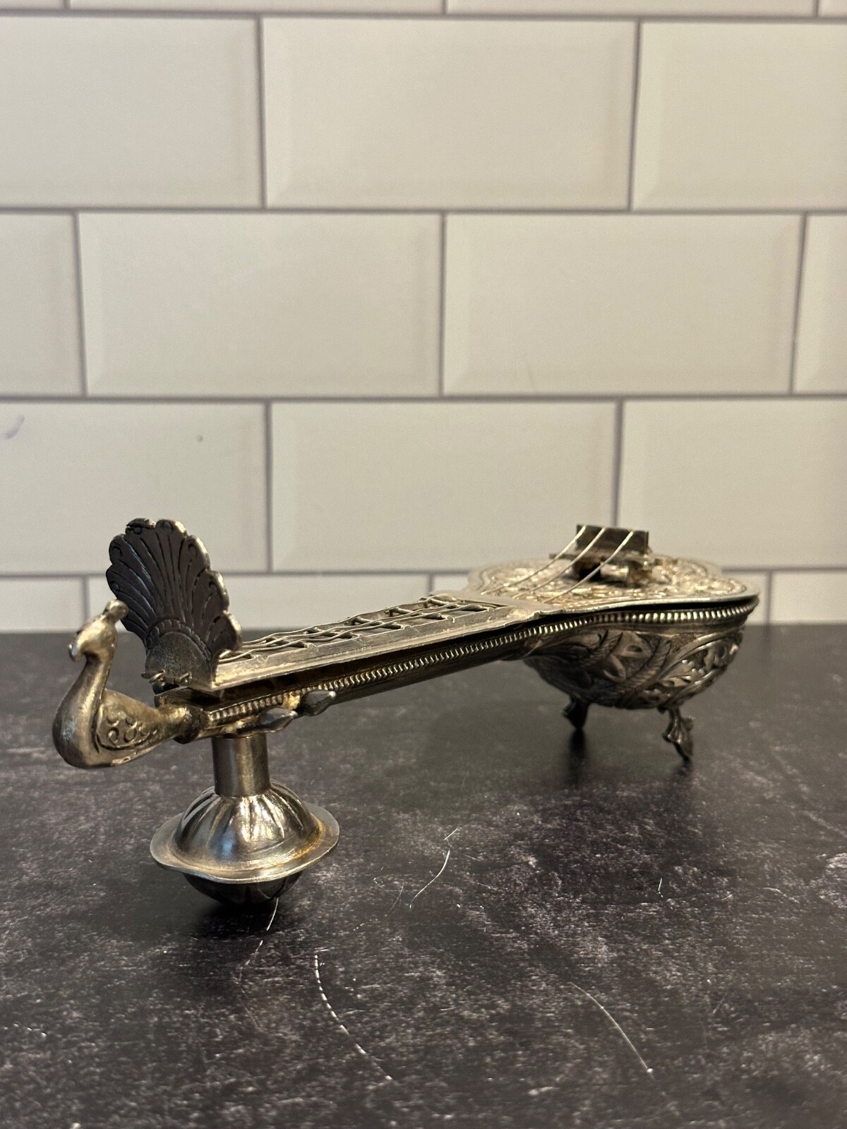 Antique Silver 700 Indian Spice Box /Container Shaped as a Sitar/Stamped