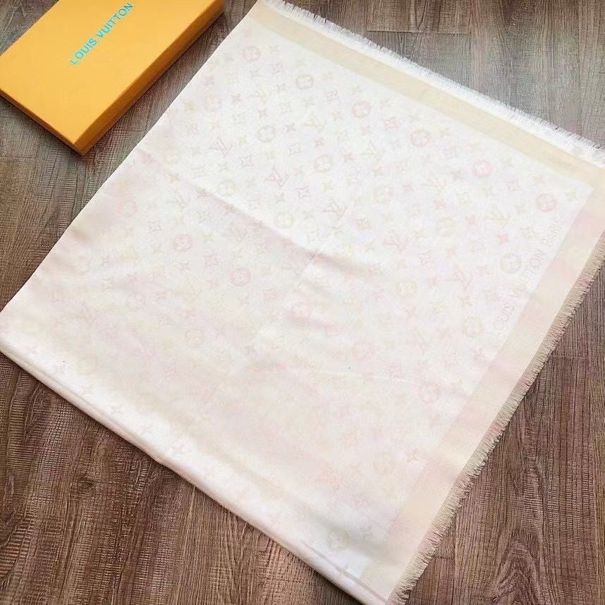 SCARF LOUIS VUITTON SCARF SHAWL PONCHO 100% AUTHENTIC CLASSIC SILK BEIGE WHITE