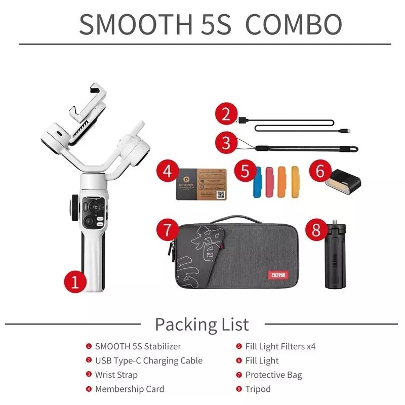 ZHIYUN Smooth 5S Combo, 3-Axis Gimbal Stabilizer with Light for iPhone Android