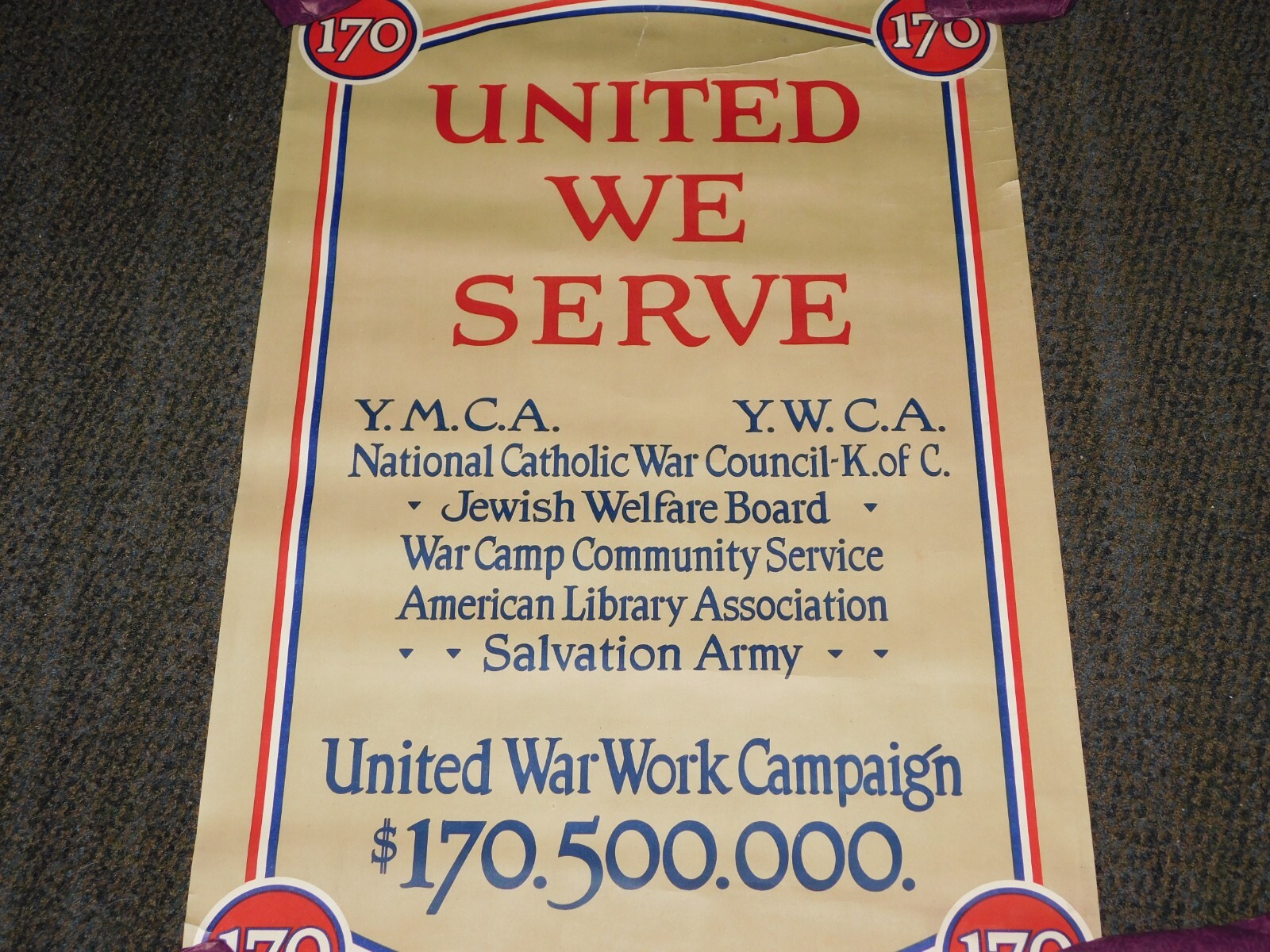 VINTAGE WWI WORLD WAR 1 UNITED WE SERVE YMCA YWCA WAR WORK CAMPAIGN 170 POSTER