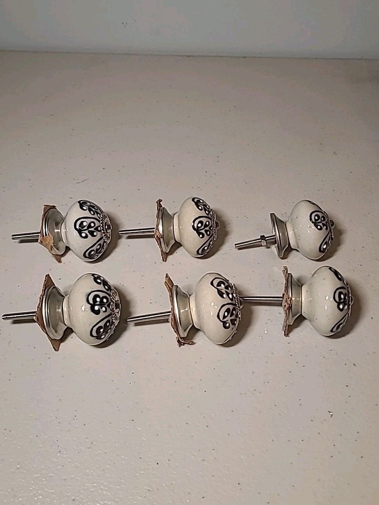 6 Antique Style Ceramic Hand Decorated Silver Tone Drawer Pulls Knobs Flowers
