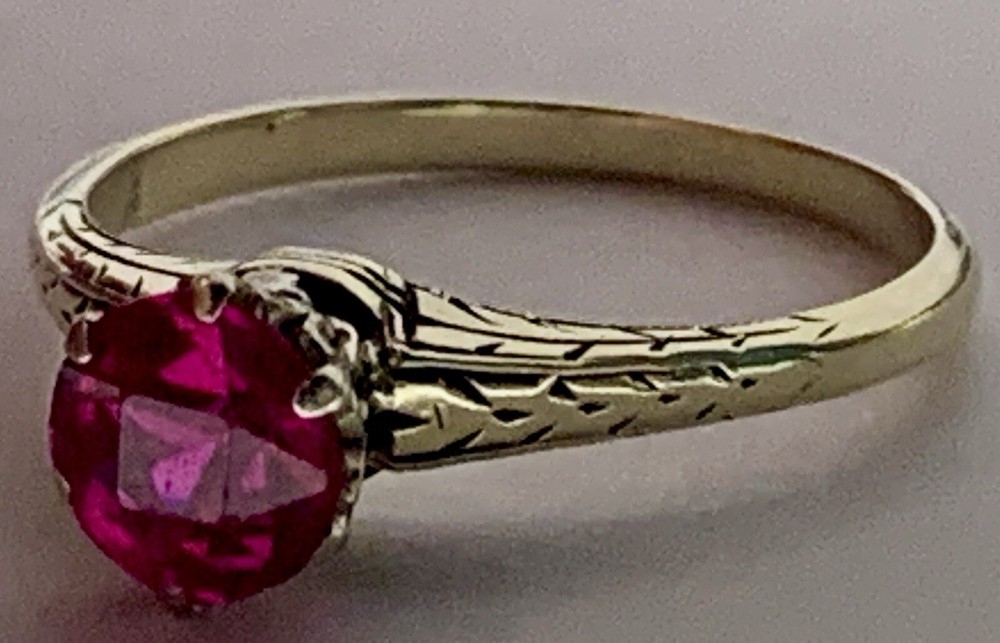 Ruby Ring, Solid 14k Yellow Gold Estate, Vintage, Antique, .90 ctw, Lab Created
