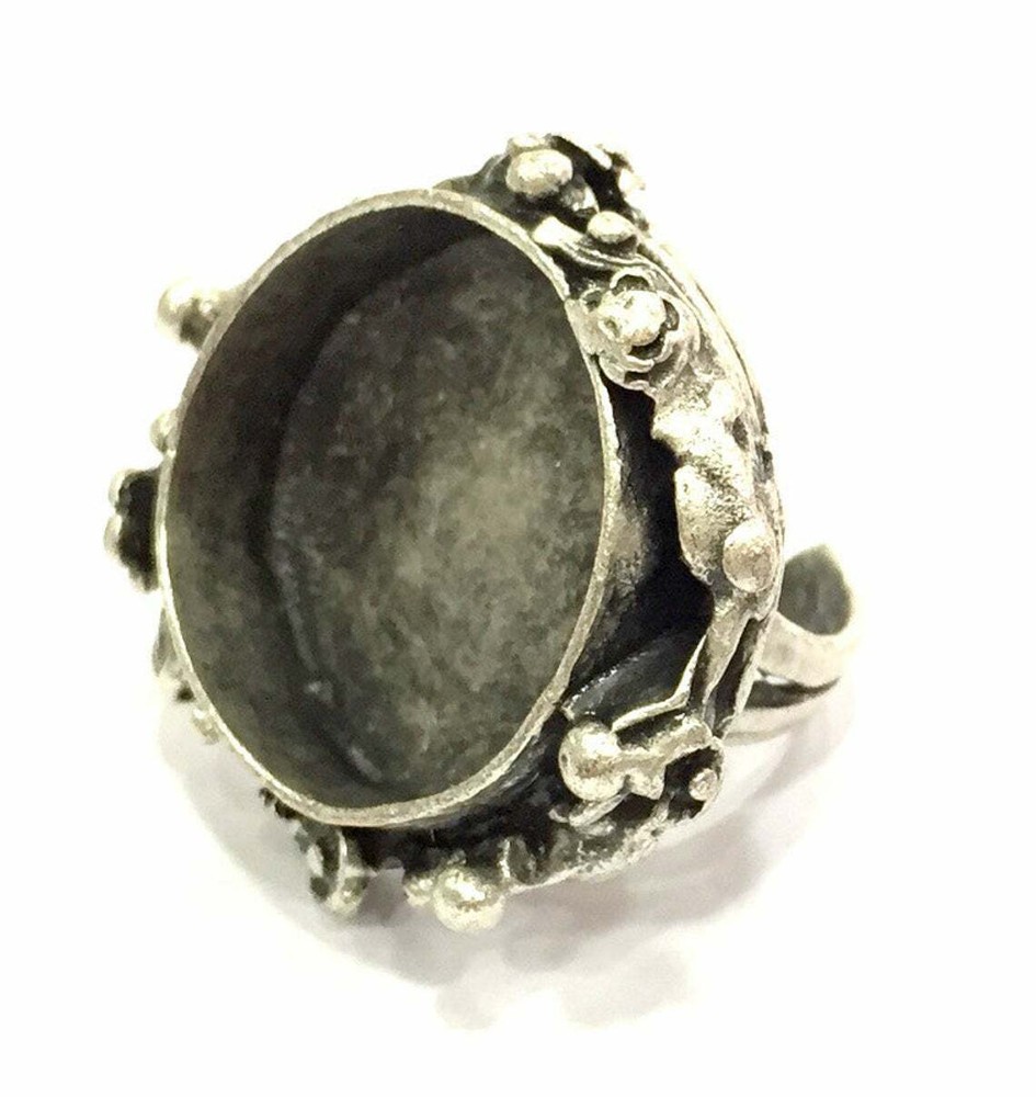 Flower Round Blank Ring Settings Bezel Cabochon Mountings Adjustable Silver