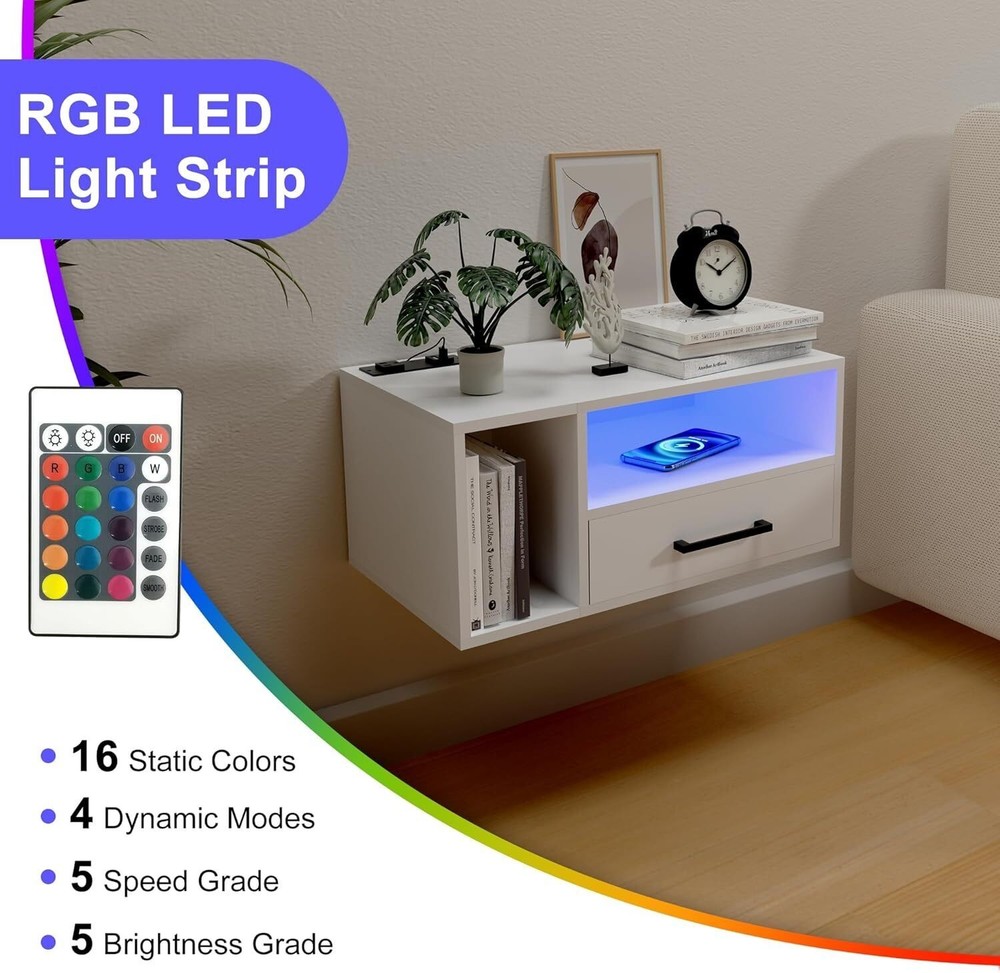 Floating Nightstand with Charging Station and LED Lights Floating Bedside Table