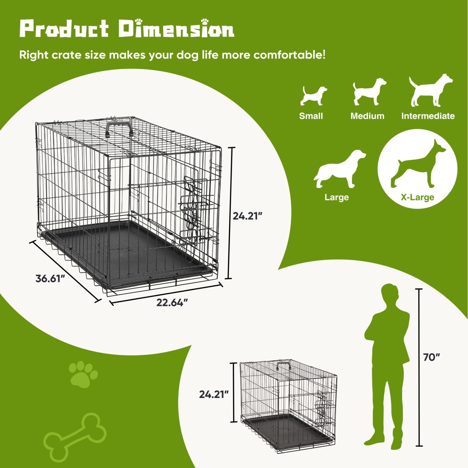 Foldable Metal Wire Dog Crate, Double Door,with Divider Panel & Plastic Pan Tray