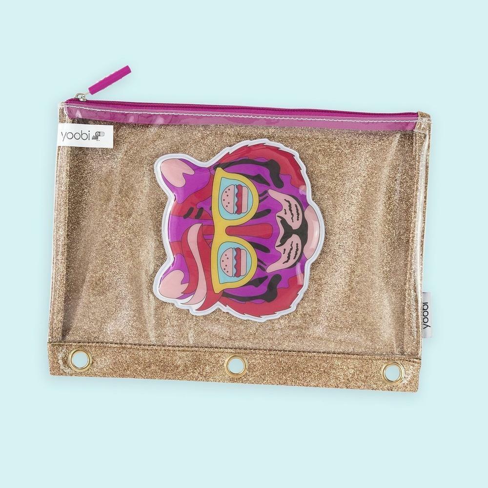 Yoobi Brand ~ Binder Zip Case ~ Gold Glitter & Multi Colored ~ Glitter Tiger