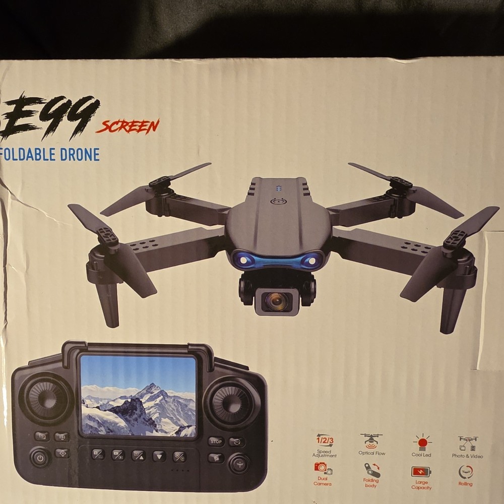 E99 Screen Quadcopter Drone Dual Camera Foldable Optical Flow Cool LED Black.