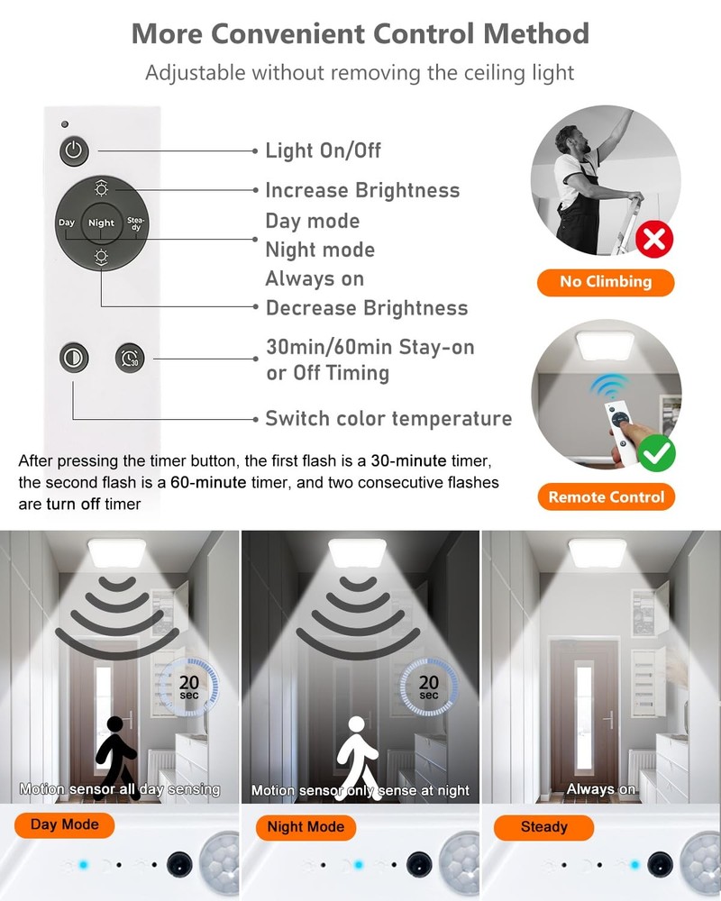 Rechargeable Motion Sensor Ceiling Light with Remote, Dimmable Magnetic Mount...