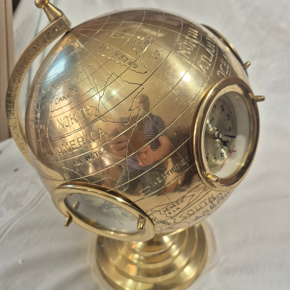 16" BRASS 5 WORLD CLOCKS SPINNING GLOBE