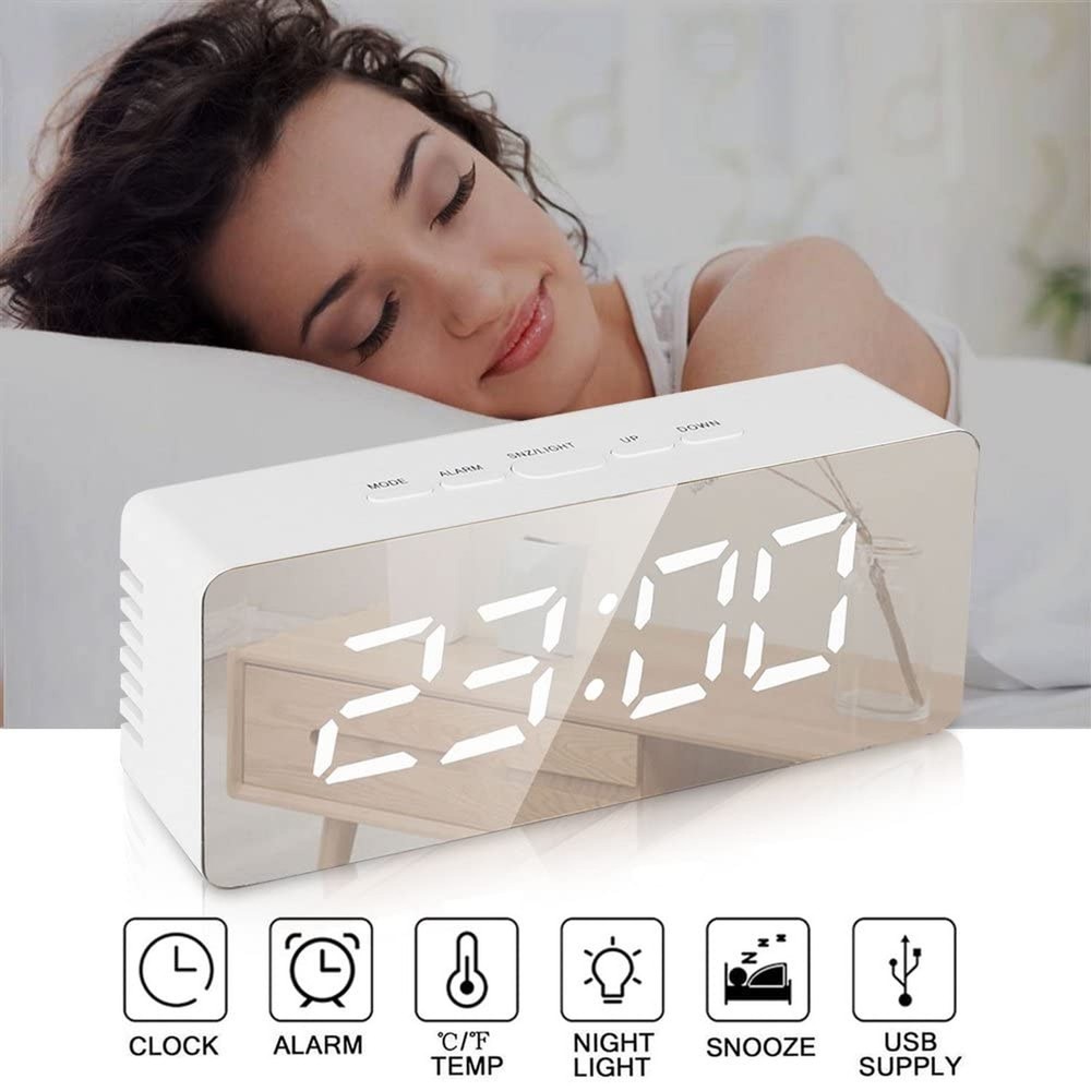 ThreeH LED Mirror Desk Clock with Snooze Function Temperature Display Digital...