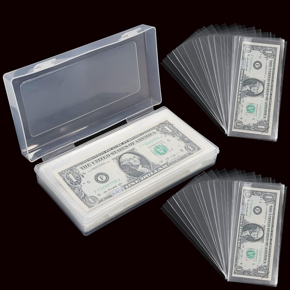 100 Pack Dollar Bill Holder Clear Rigid Sideload Currency Sleeves + Storage Case
