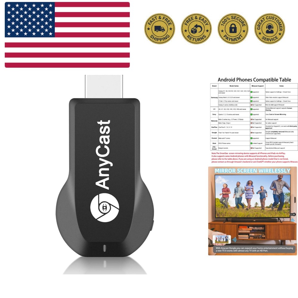 Anycast Wireless HD Display Adapter Receiver 1080P Screen Mirroring Streaming...