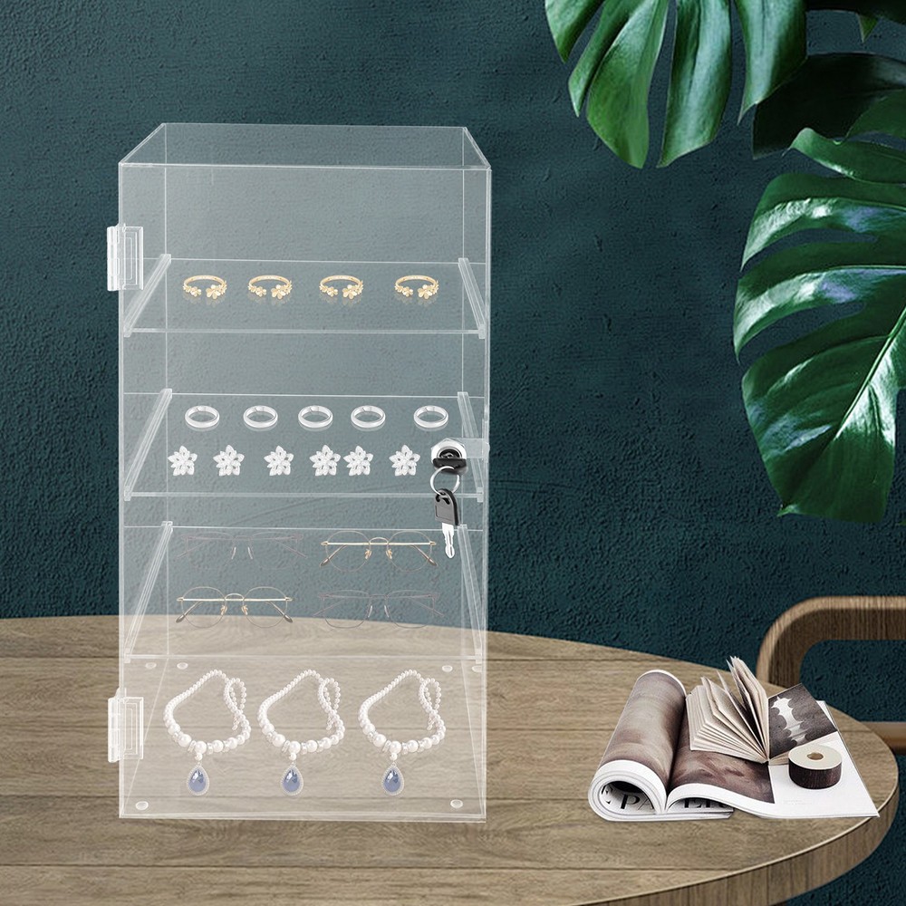 4 Tiers Clear Rectangular Display Case Desktop Lockable Acrylic Organizer w/Keys