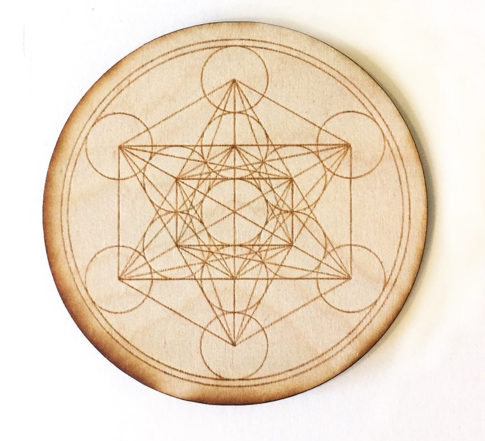 Laser engraved 6” Metratrone’s Cube Crystal Grid