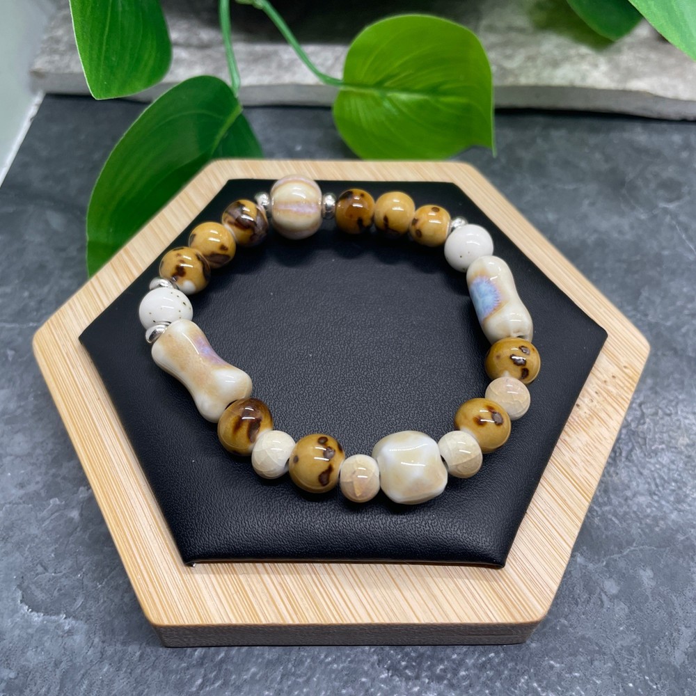 Handmade Ceramic Bead Beaded Stackable 6.5” Plus Stretch Bracelet New B433
