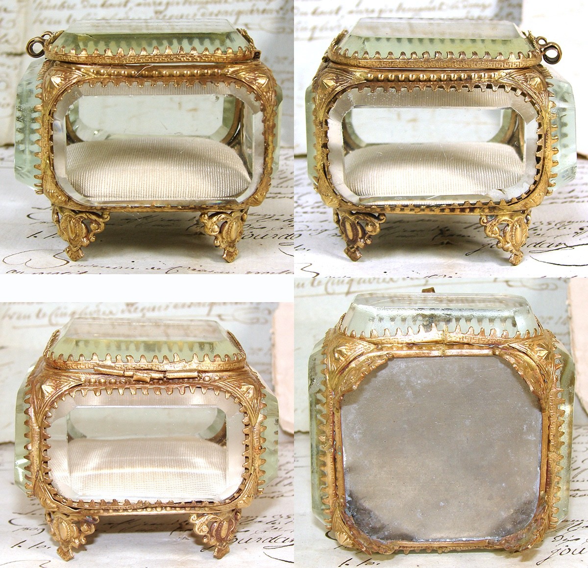Antique Napoleon III Jewelry Casket, Miniature Vitrine Box, Thick Beveled Glass
