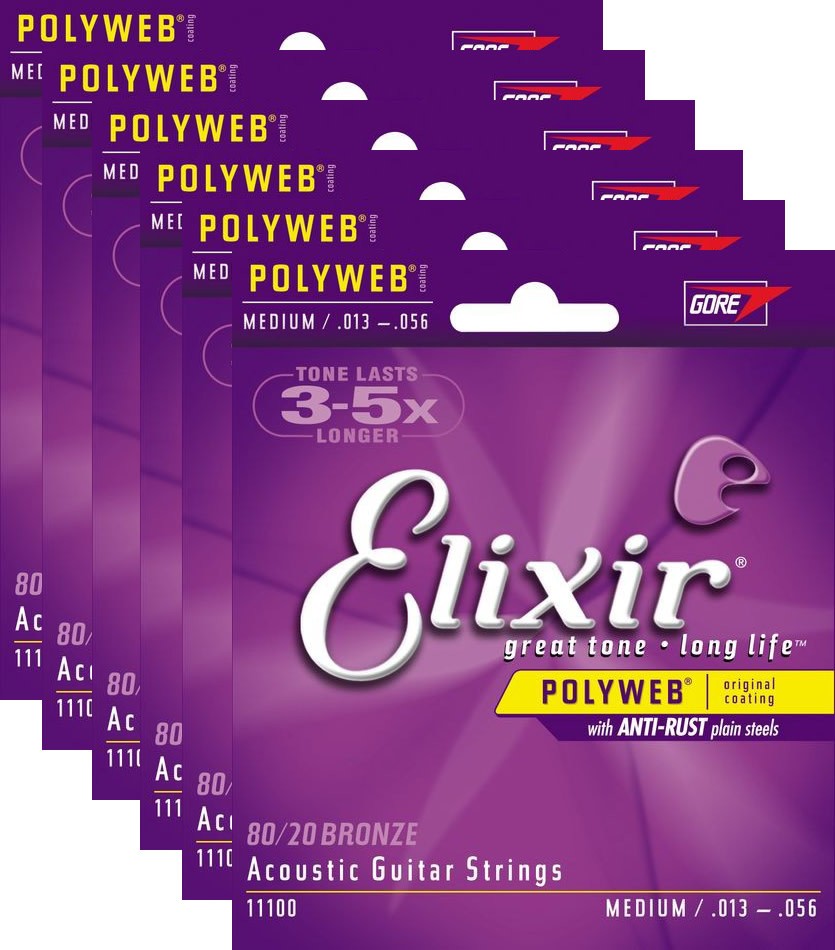 6 Sets of Elixir 11100 Medium Acoustic Strings (13-56) (Polyweb) w/ Free String