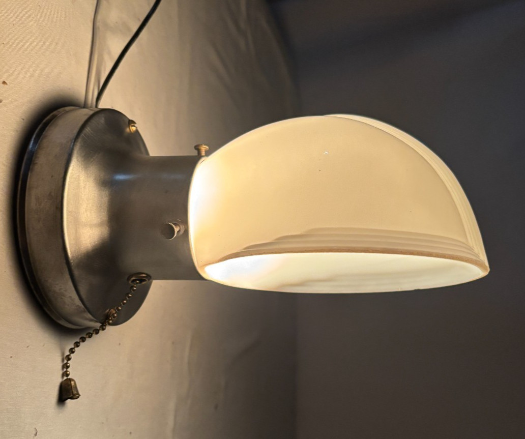 Vtg Wall Sconce Stamped Steel Metal MCM Light Fixture Art Glass Shade USA #M1