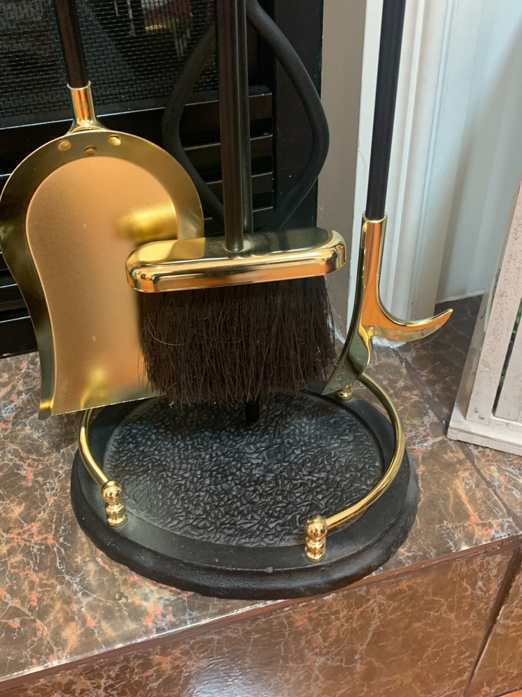 Gold & Black cast iron fireplace tool set with stand