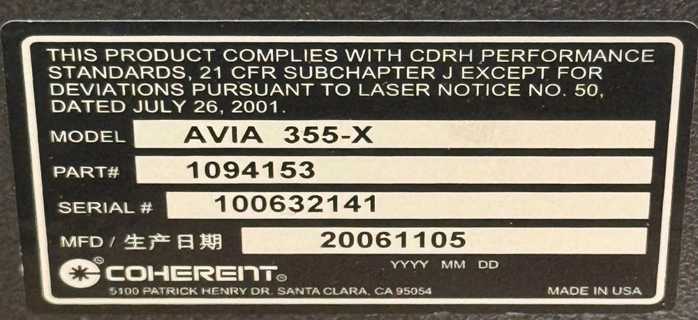 COHERENT AVIA 355-X high-power solid-state Q-switched UV laser
