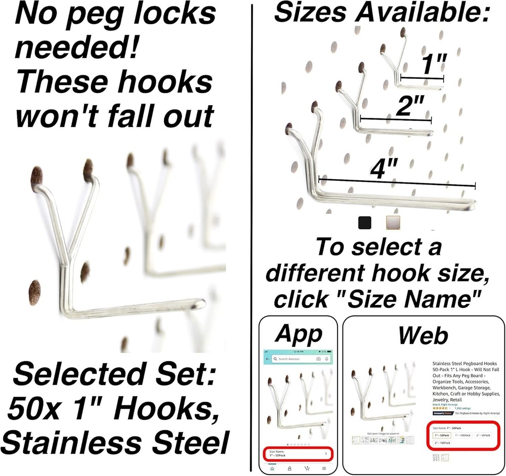 Stainless Steel Pegboard Hooks 50-Pack - Secure & Versatile Tool Storage