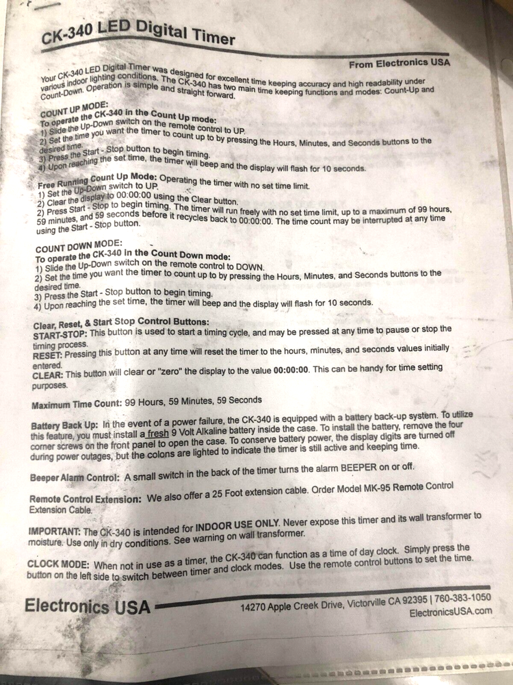 ELECTRONICS USA LED DIGITAL TIMER CK-340 W/ REMOTE CONTROL CK-3000HDR