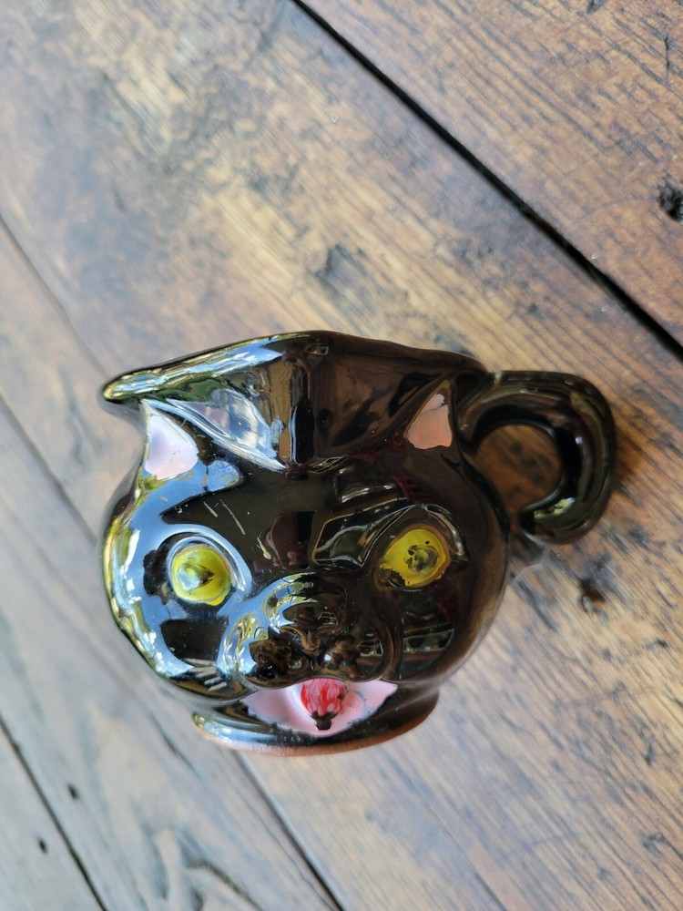 Vintage Black Cat Pitcher Handpainted