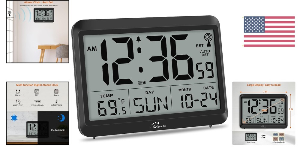 Battery-Powered Digital Atomic Clock - Large LCD, Weatherproof & Alarm Function