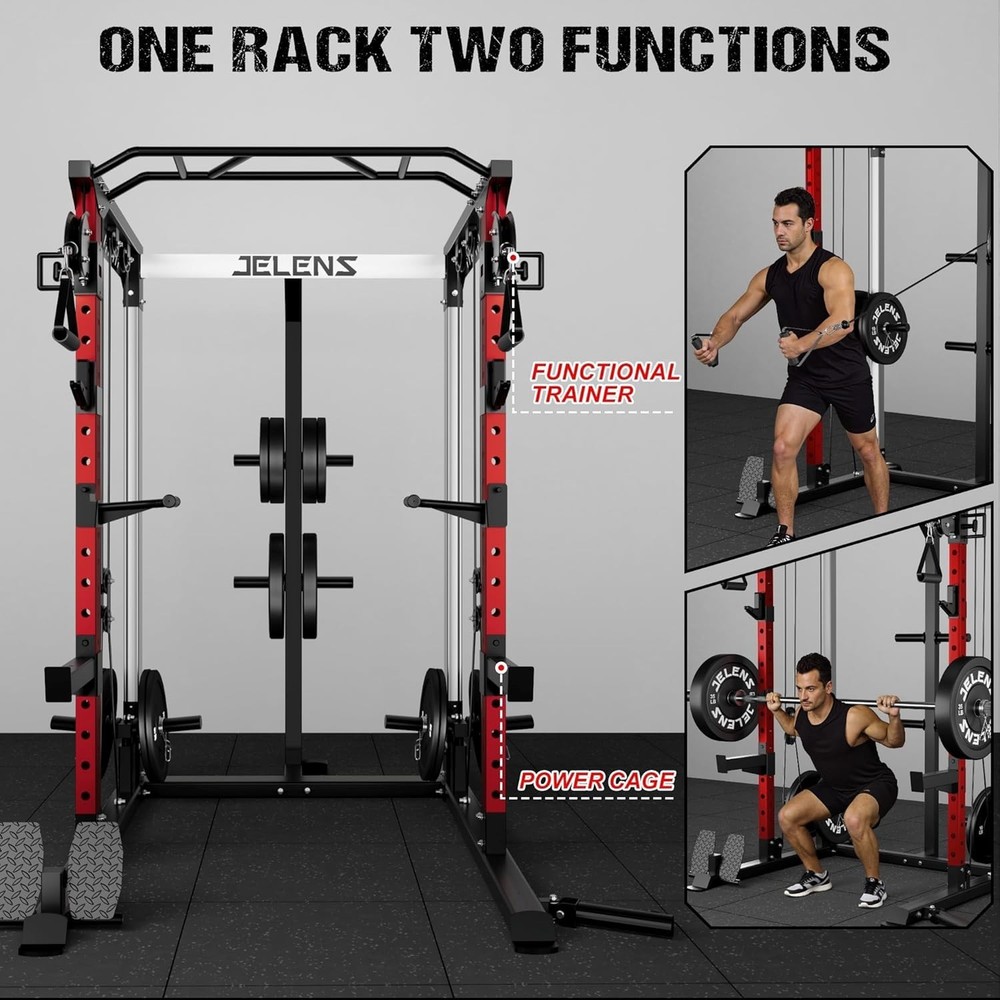 Power Rack Cage, Weight Rack with Dual Pulley Cable Crossover Machine,Multi-Func