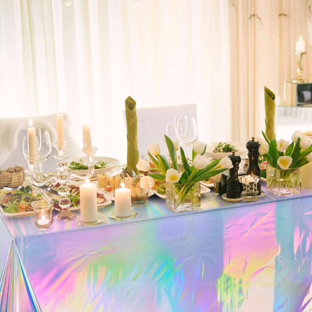 6 Pack Iridescence Plastic Tablecloths Shiny Disposable Laser Rectangle Table