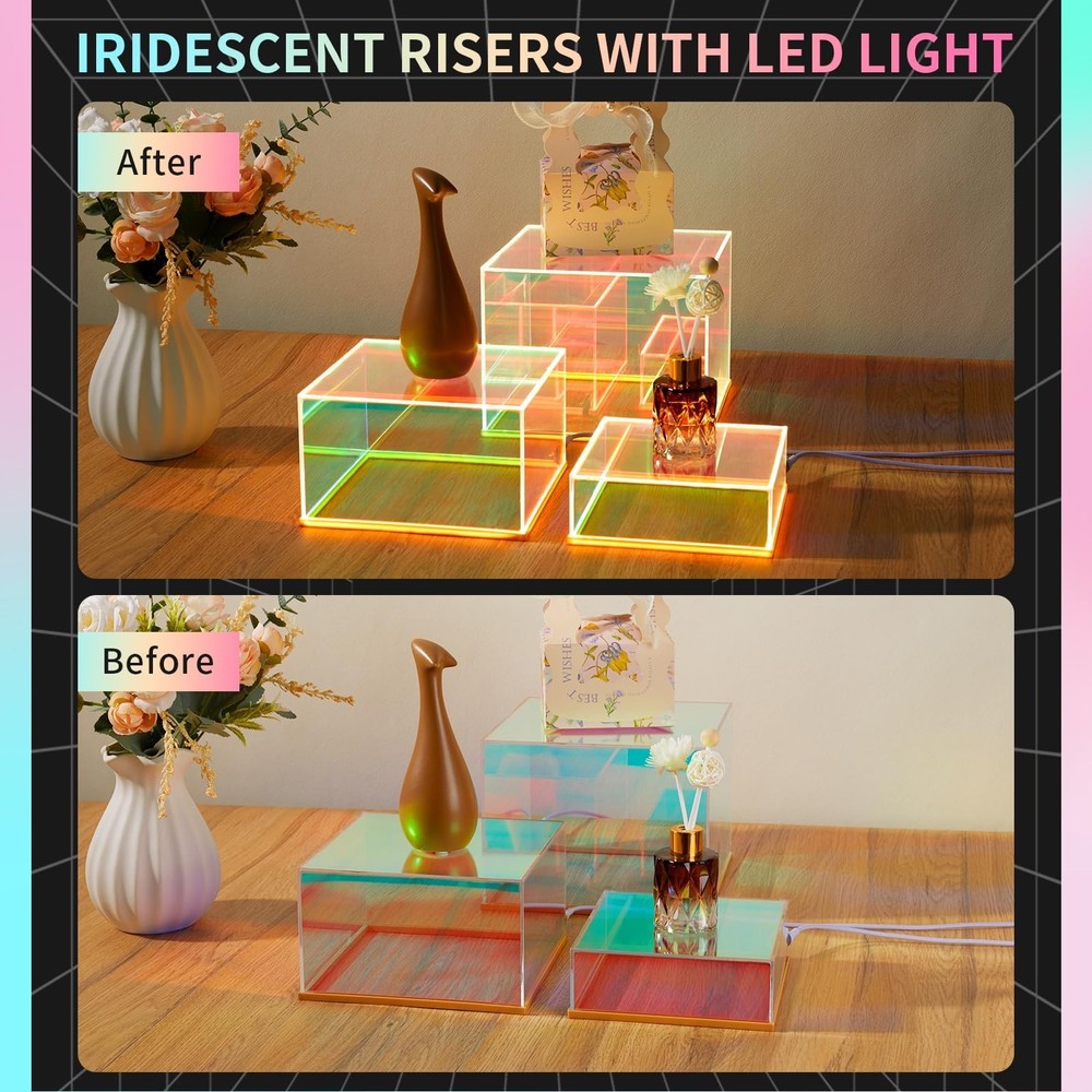 3Pcs Iridescent Acrylic Display Risers with light Plug and Play, Lighted Stac...