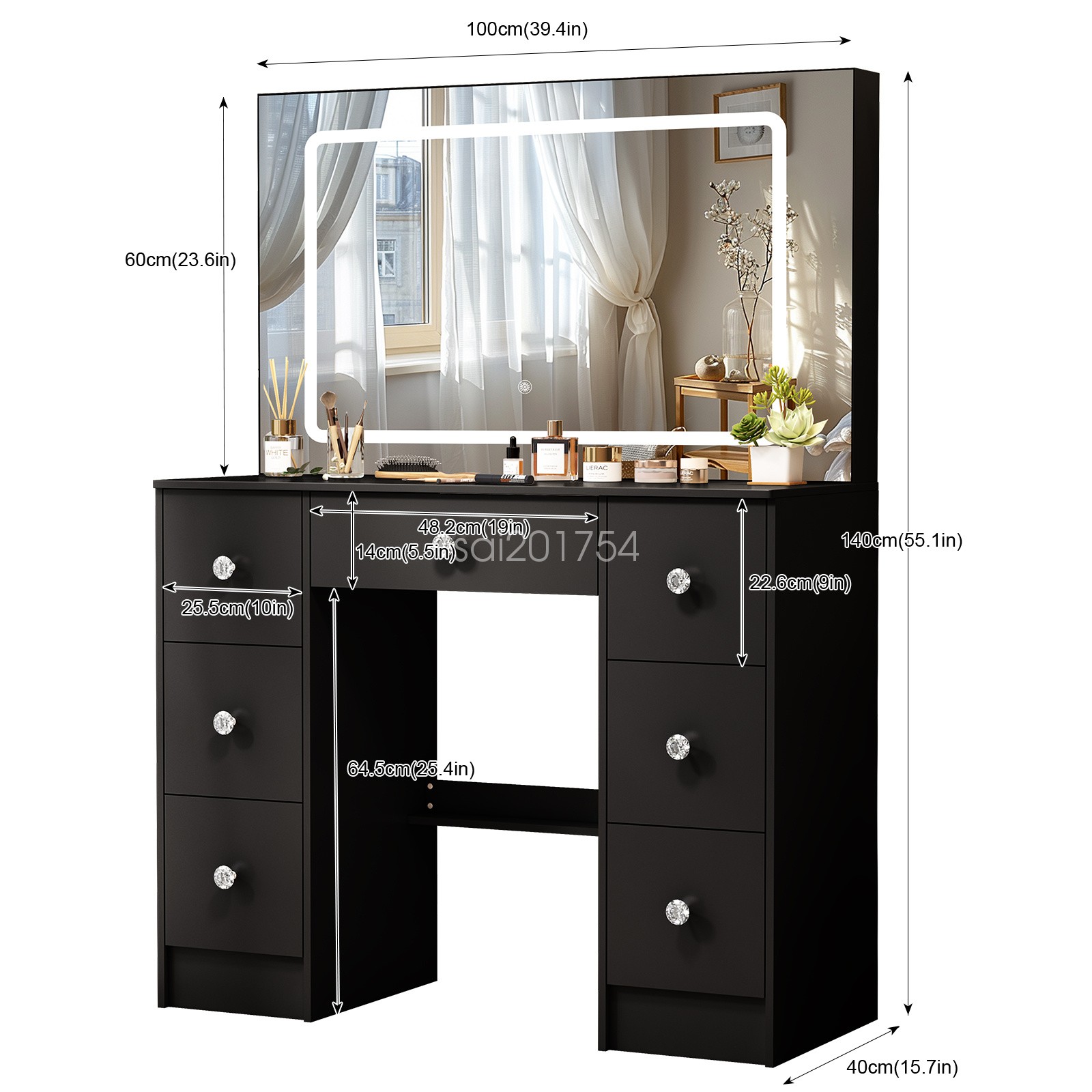 Black Vanity Makeup Desk with LED Lighted Mirror and 7 Drawers Dressing Table
