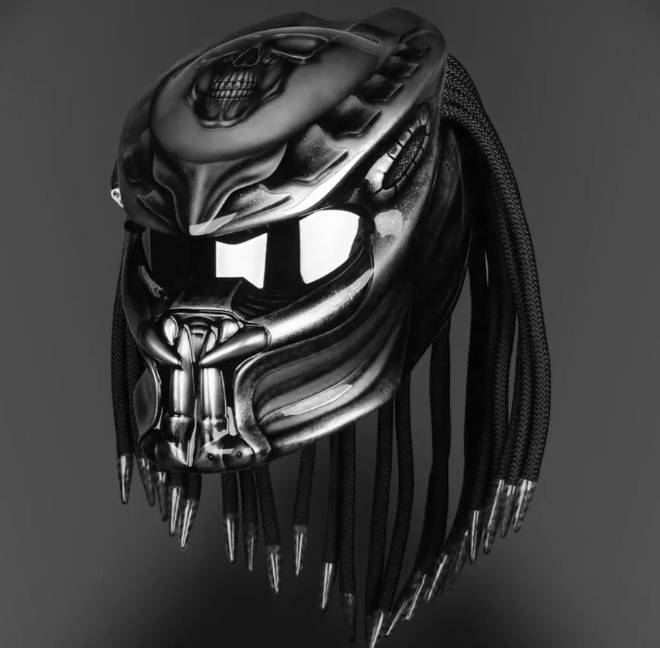 CHOPPER MOTORCYCLE HELMET CUSTOM PREDATOR SILVER SKULL ( DOT & ECE CERTIFIED )