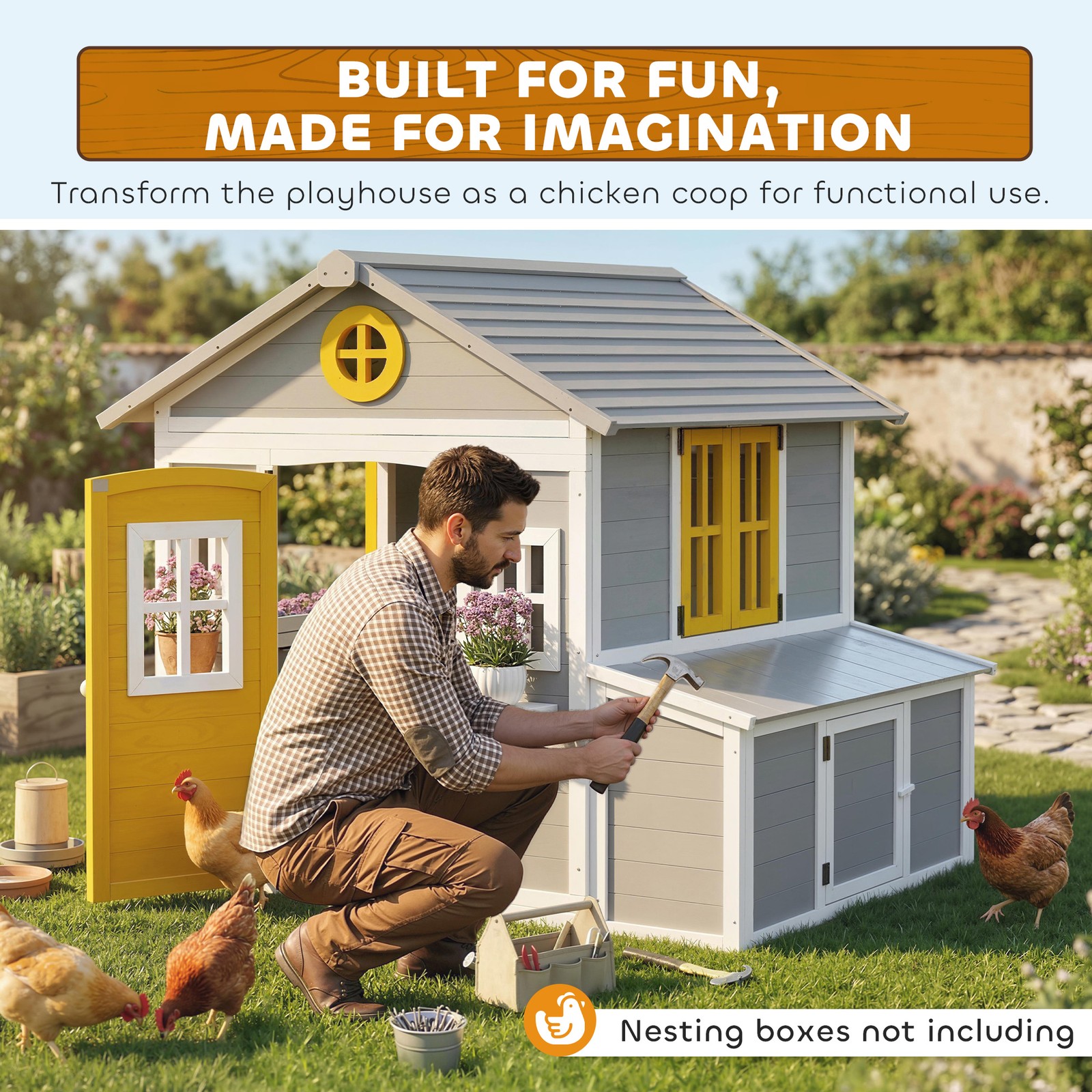 Outsunny Playhouse for Kids with Doors, Windows, Planter Pots and Boxes