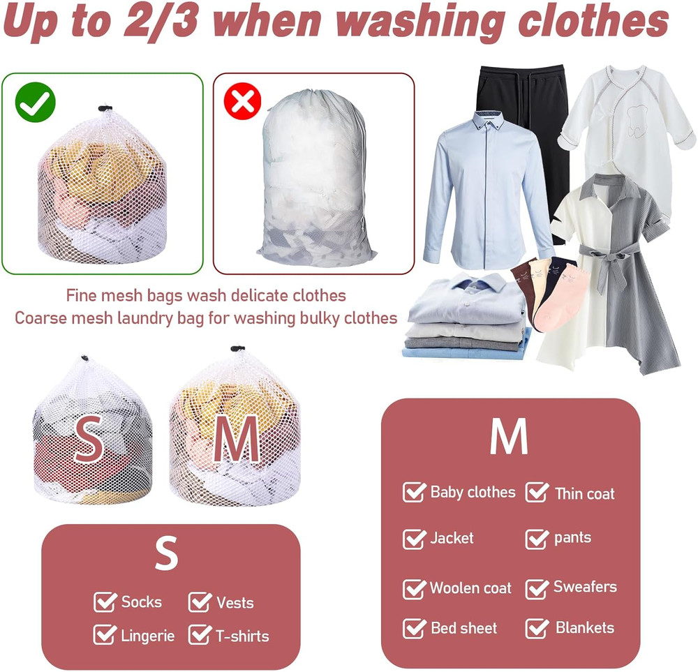 2Pcs Mesh Laundry Bags for Socks, Machine Washable Drawstring Design Mesh Laund