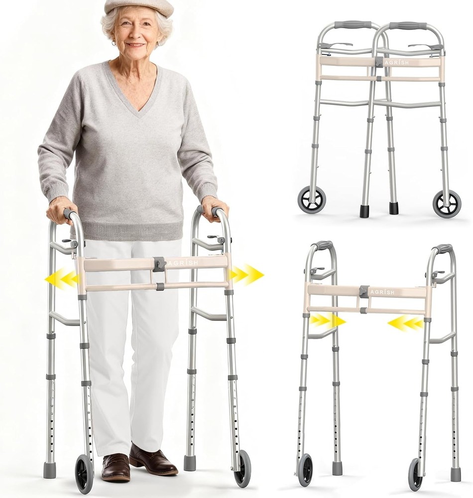 Lightweight Folding Walker Narrow Frame Adjustable Height Width 350lb