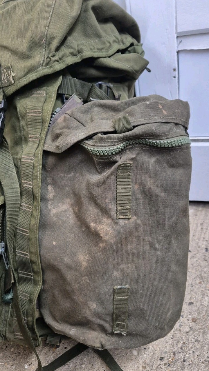 Genuine British Army 120L Bergen Olive Long Back + Side pouches 1990