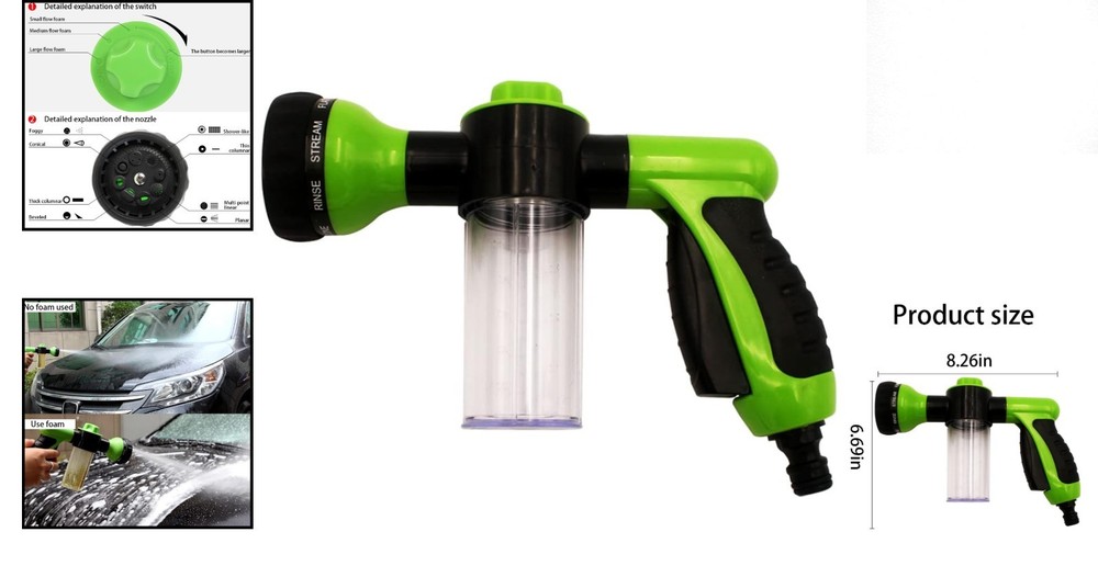 Compact High Pressure Cleaning Nozzle with 8 Adjustable Foaming Patterns - Green