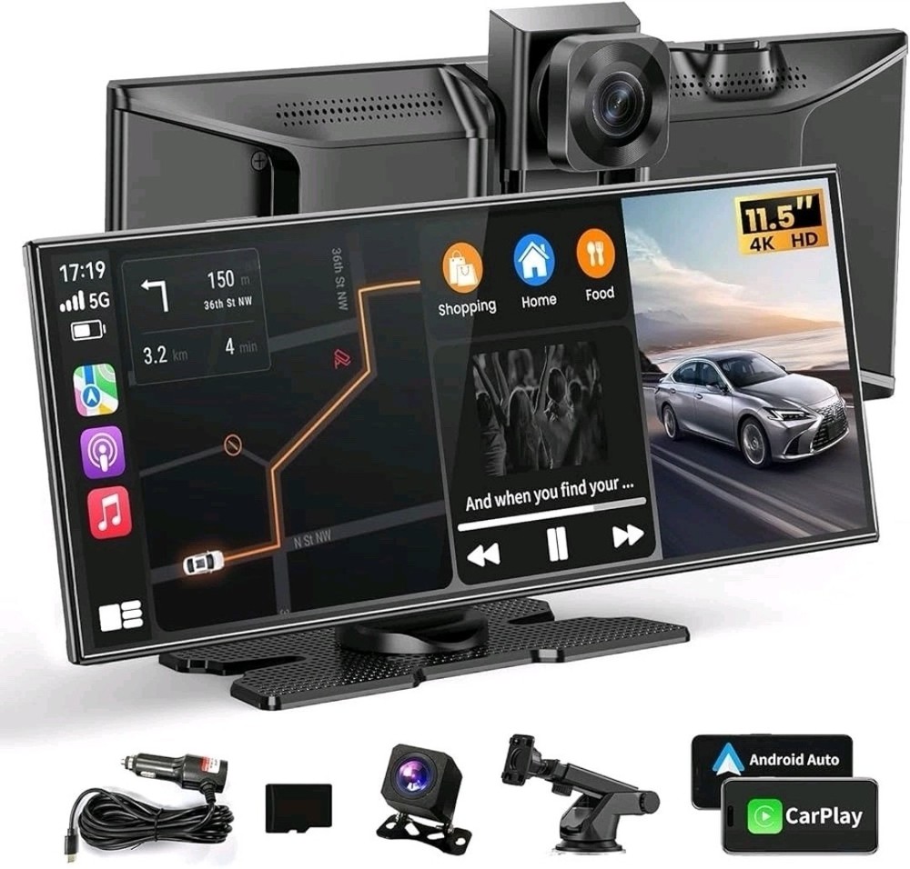 11" Portable Carplay Screen for Car, 4K Wireless Car Play & Android Auto