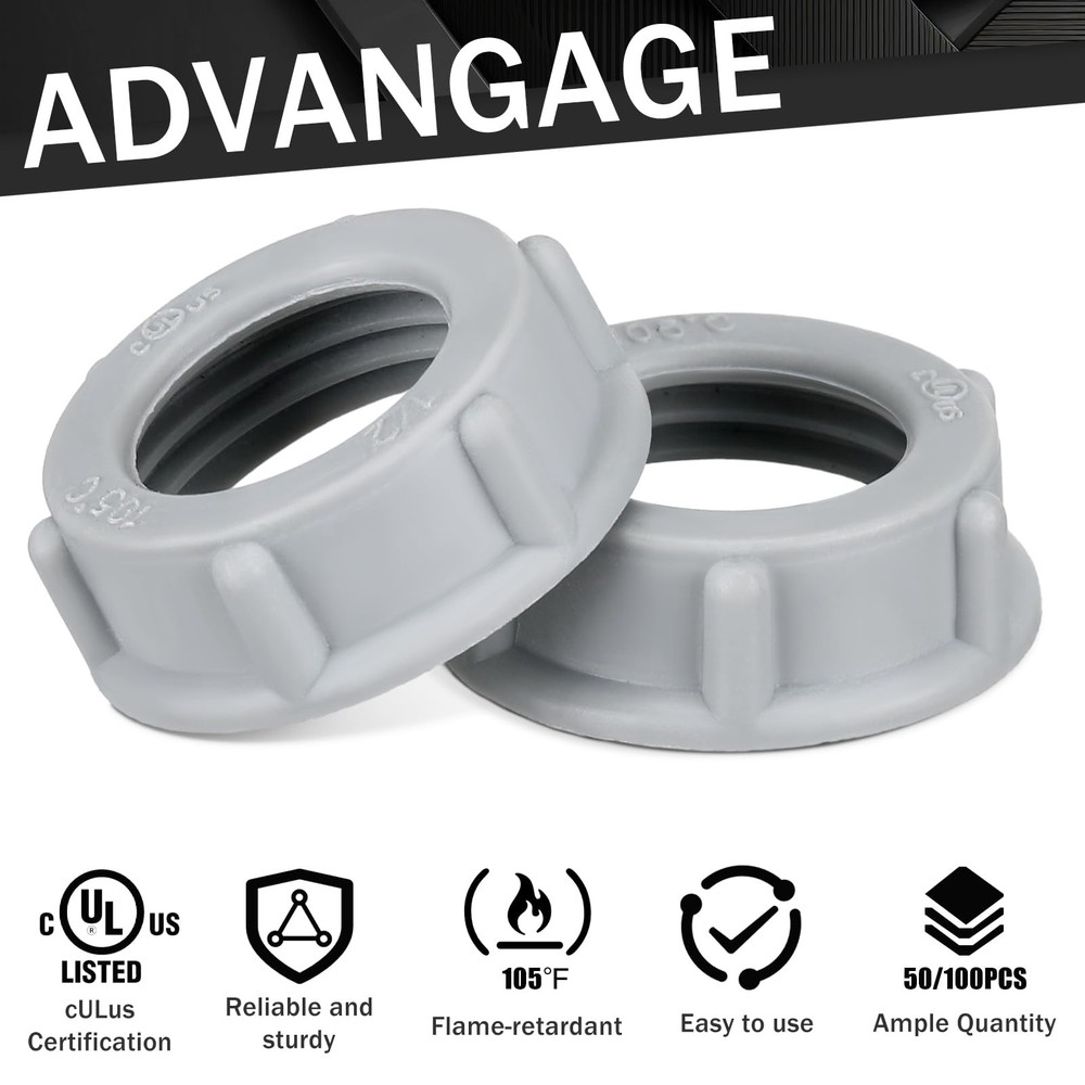 Pushglossy 100 Pcs Plastic Insulating Bushing Threaded 1-1/2 Inch, Gray