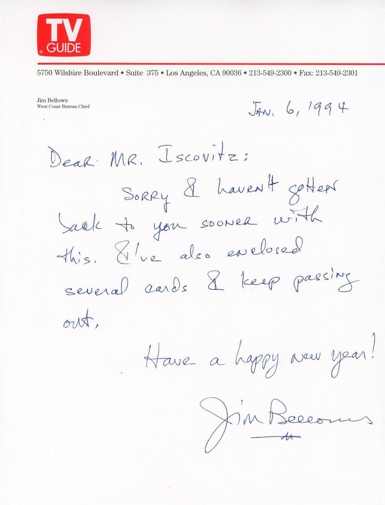 Jim Bellows- Signed Handwritten Letter