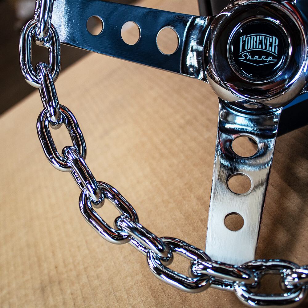 11 Inch Chrome Chain Steering Wheel with Cutout Spokes and Horn Button -3 Hole
