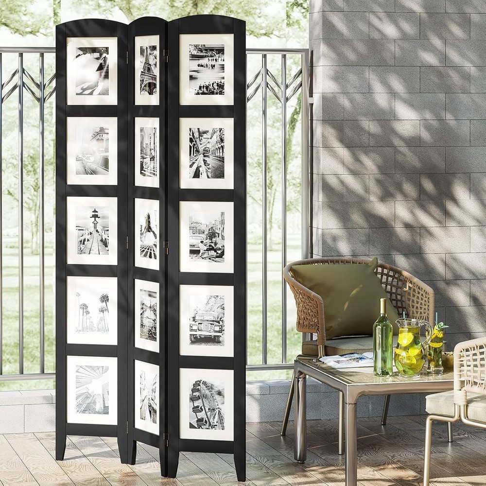 Three-panel photo screen, solid wood partition, black.
